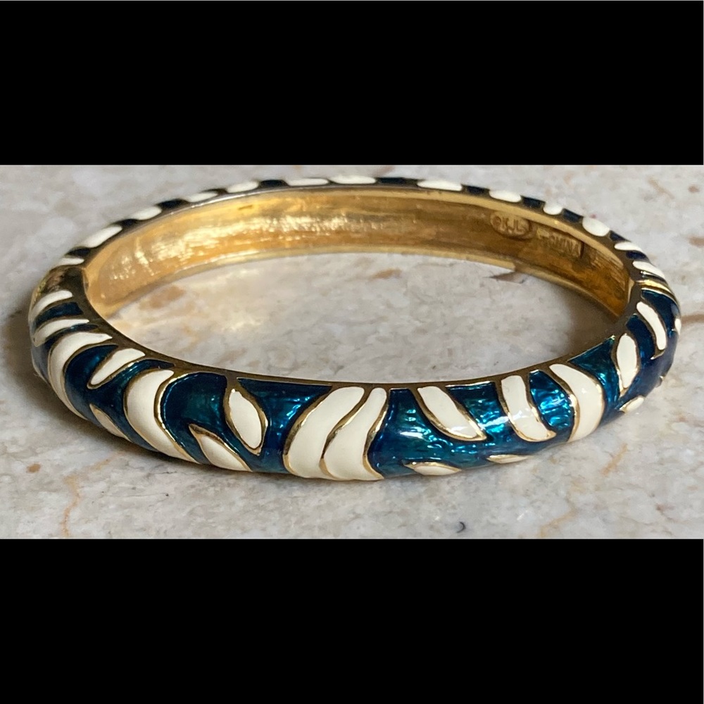 KJL Metallic Blue & Cream & Gold Tone, Striped, Enamel Bangle